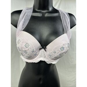 Victoria Secret 34DD Dream Angels Pink‎ Lace Rhinestone Push Up Bra Sheer Bow